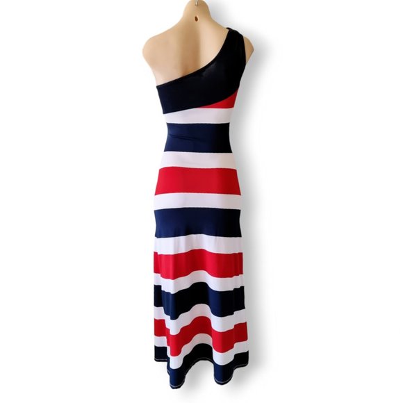 Y2k, dark blue, red + white one-shoulder maxi dress XS fits AU 4, 6, 8 - Picture 4 of 10